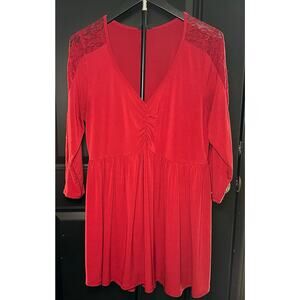 Torrid Sz 0 (12) Babydoll V Neck Long Sleeve with Lace Tunic Top Burgundy